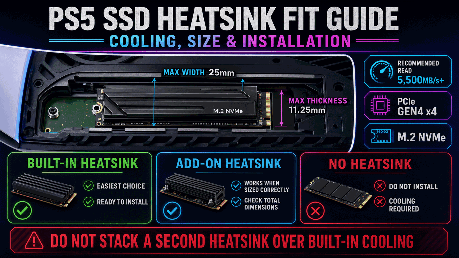 PS5 M.2 SSD heatsink fit guide with dimensions and compatibility information