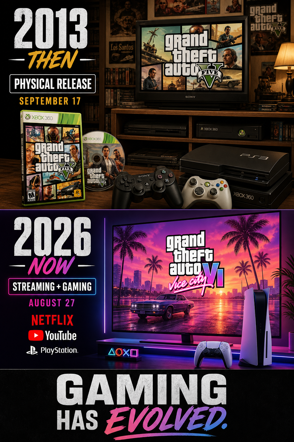 Comparison of older physical gaming setups and modern streaming-focused gaming entertainment