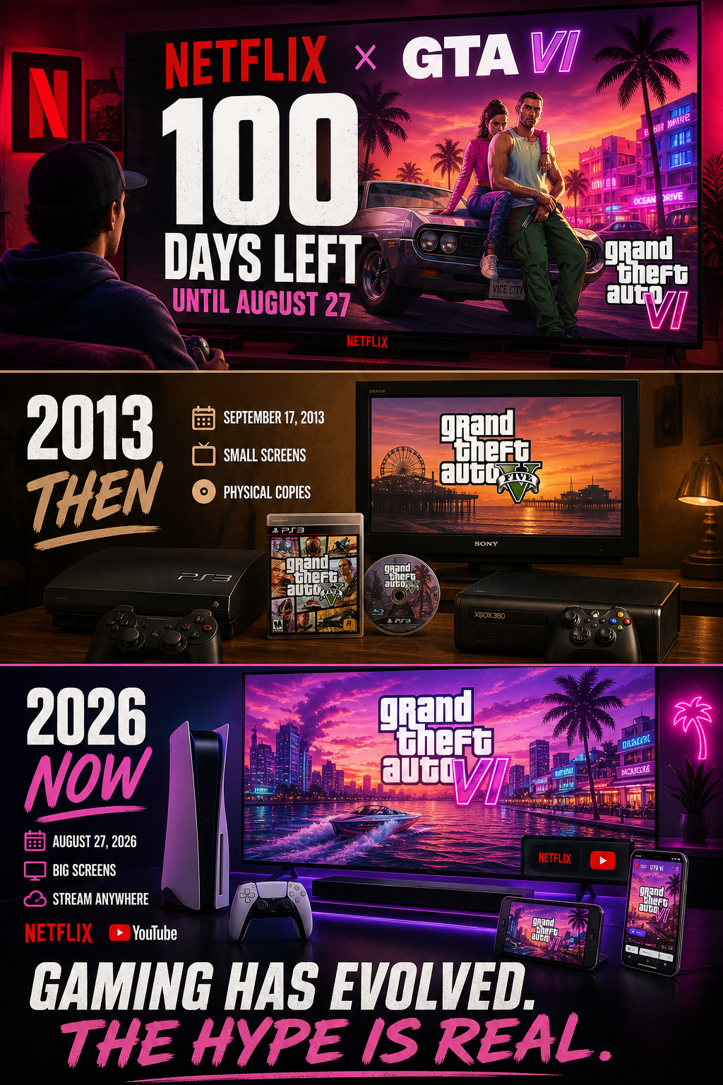 Netflix and GTA VI event graphic comparing the 2013 physical game era with the 2026 streaming era
