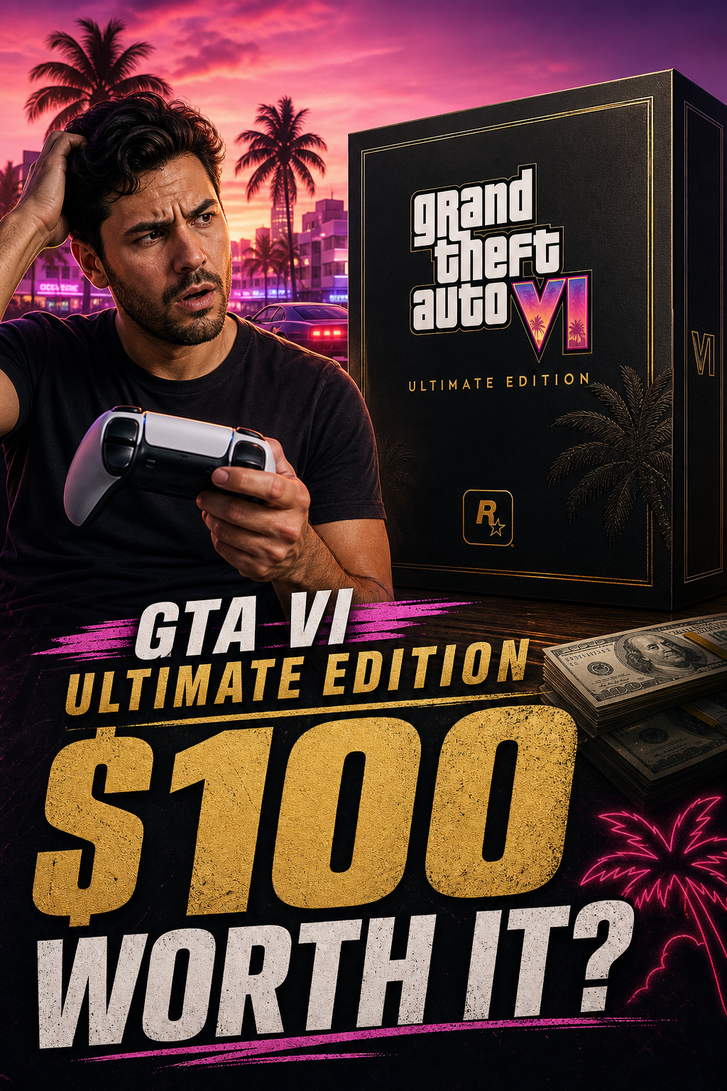 GTA VI Ultimate Edition pricing concept with a gamer reacting to the one hundred dollar price