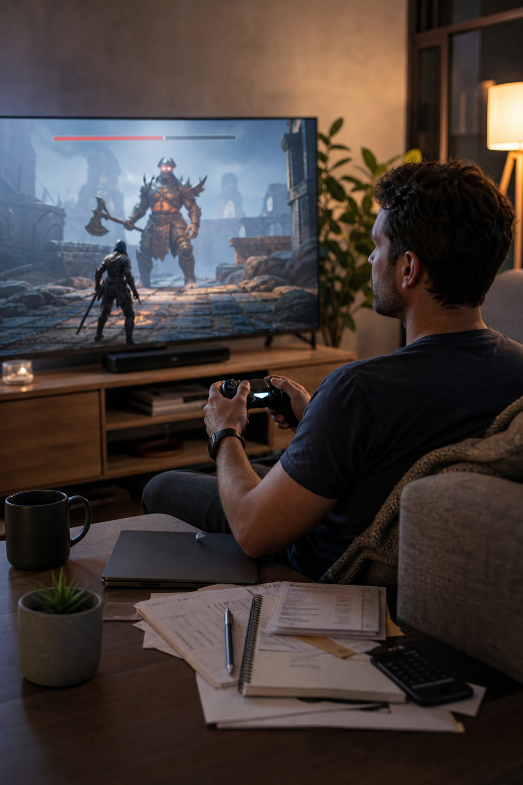 A gamer facing a clear game objective while real-life problems remain without health bars