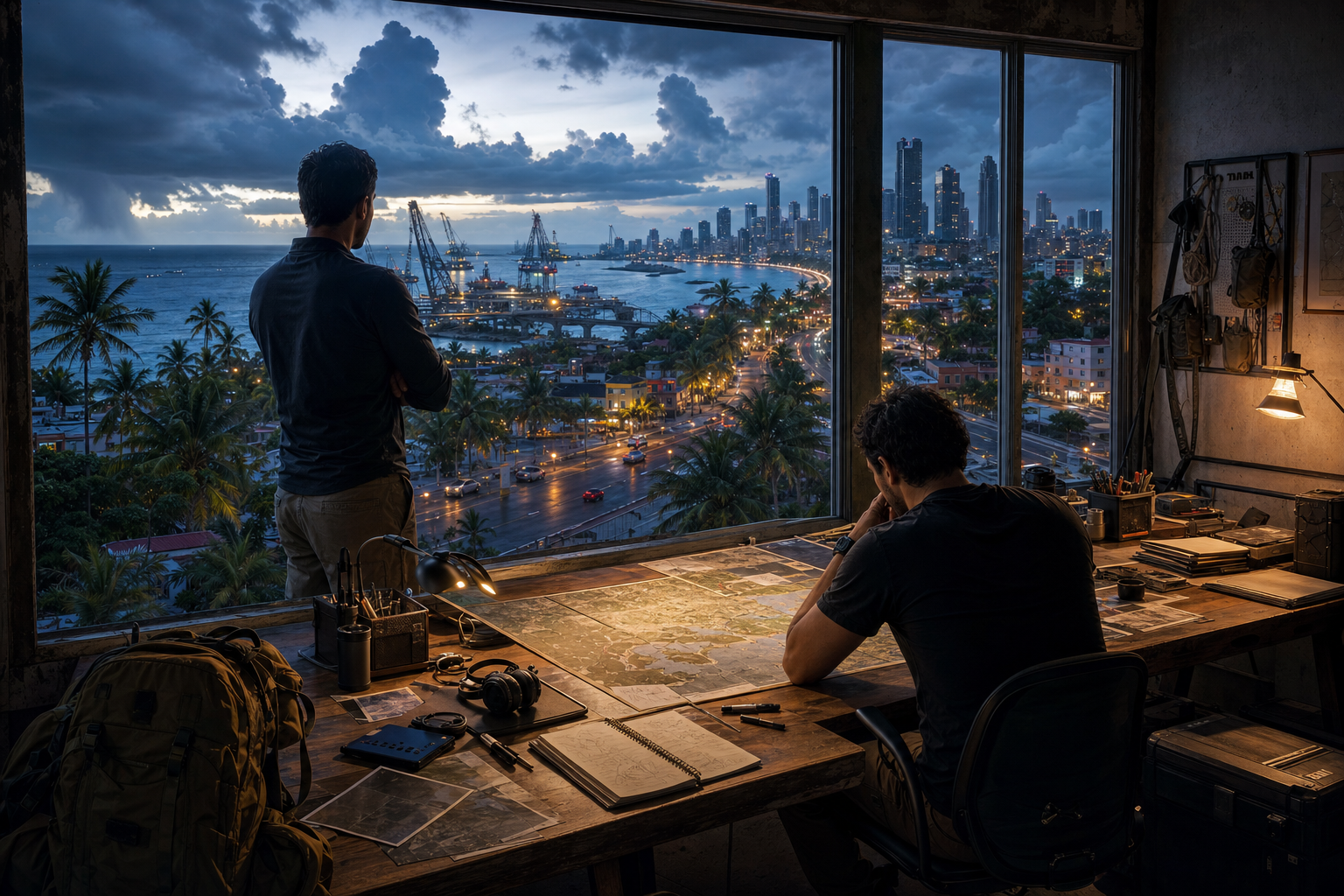 Strategists preparing before sunrise while overlooking a fictional tropical coastal city