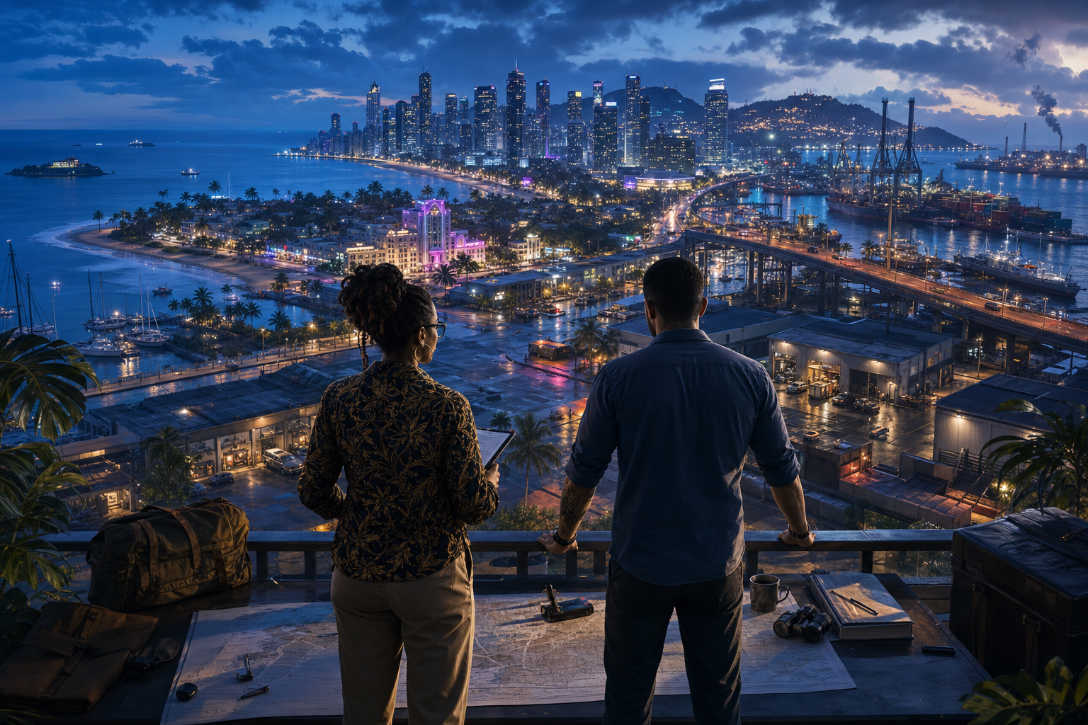Two strategists overlooking a fictional tropical coastal city filled with different progression and business opportunities